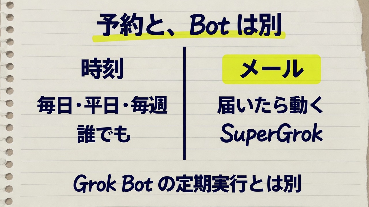 ノートに、時刻の予約は誰でも、メールで動かすなら SuperGrok、Grok Bot の定期実行とは別、と書いてある