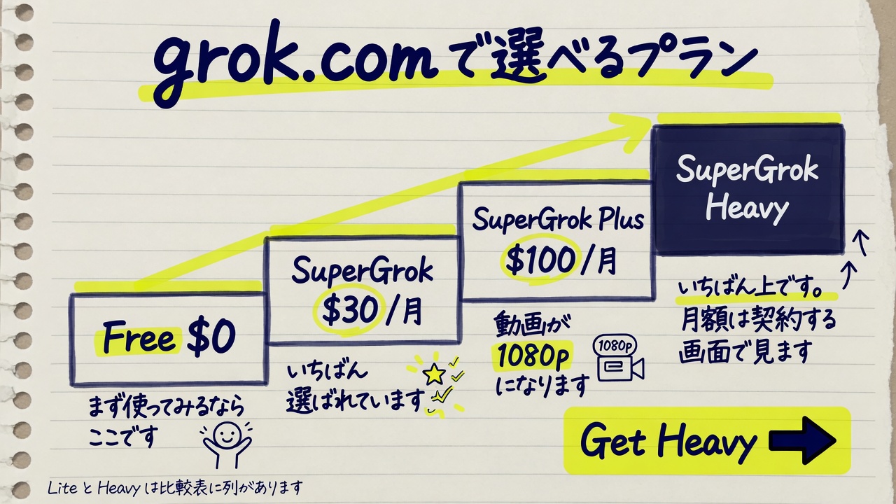 grok.com のプランを下から順に並べた図。Free $0、SuperGrok $30、Plus $100、その上に Heavy。Heavy の月額は契約する画面で見る
