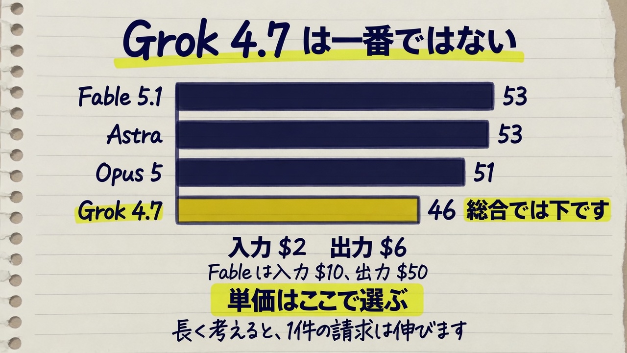 横棒の図。上から Fable 5.1 が 53、Astra が 53、Opus 5 が 51、Grok 4.7 が 46 で短い。下に入力 $2、出力 $6。Fable は入力 $10、出力 $50