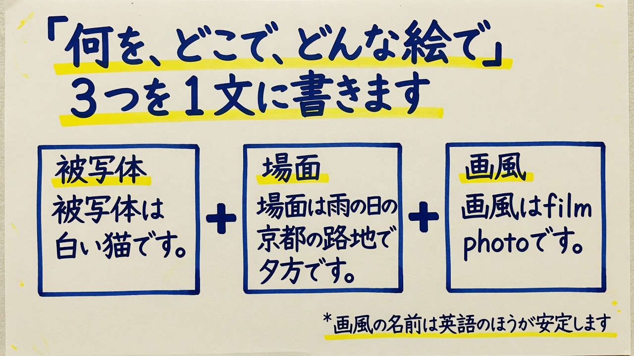 被写体と場面と画風の 3 つを足して、1 文にする図