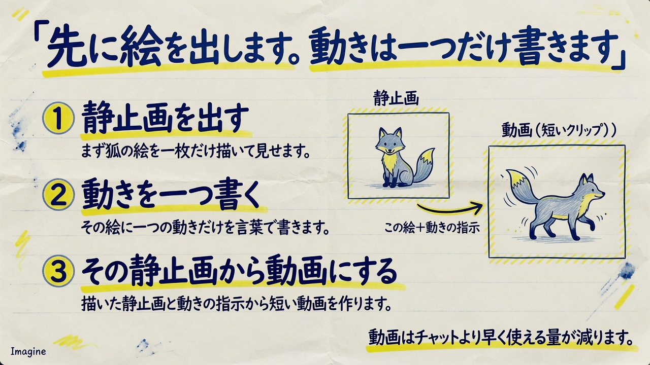 先に静止画を出して、動きを一つ書き足して、動画にする順番を示した図