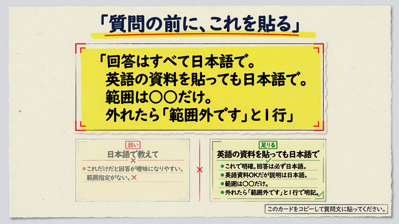 「質問を書く前に、この 3 行を貼る」と書いた紙。貼る 3 行のほかに、「日本語で教えて」だけの弱い例と、英語の資料を貼っても日本語で、と書いた足りる例が並んでいる