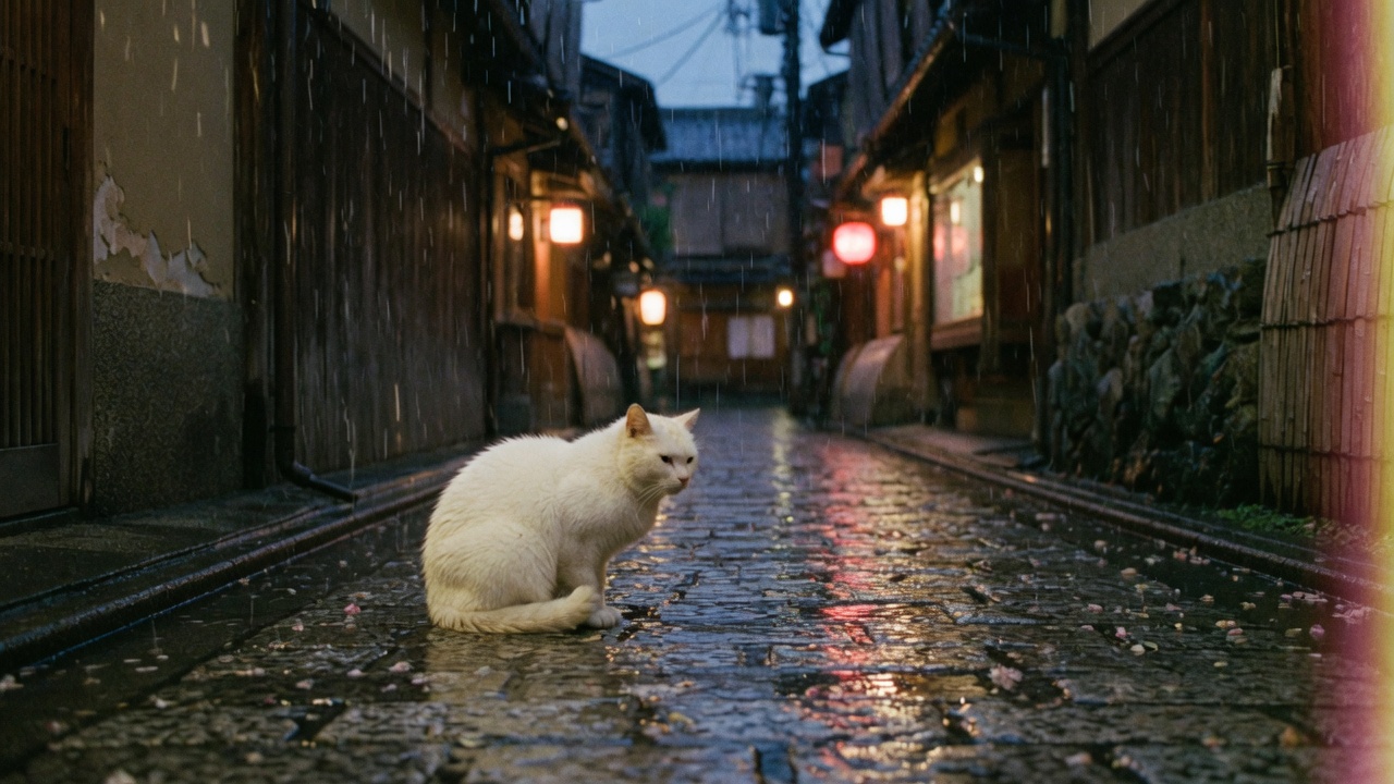 雨の京都の路地に白い猫が座っている。夕方のフィルム写真